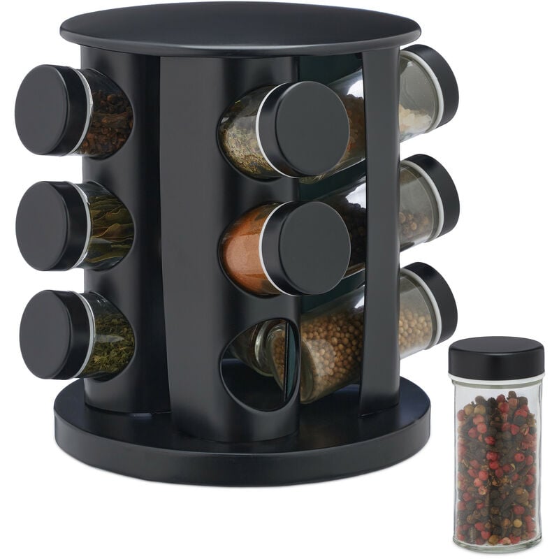 foto del prodotto relaxdays portaspezie da cucina, 12 barattoli di vetro, girevole 360 , fori spargispezie, hd 22x19cm, acciaio inox, nero