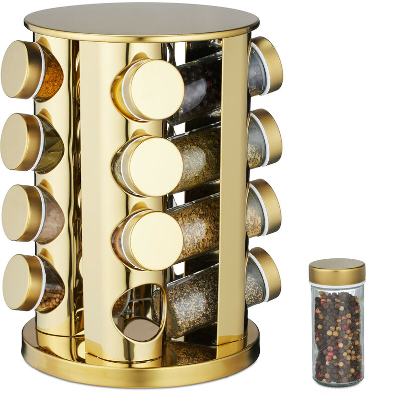 foto del prodotto relaxdays portaspezie da cucina, 16 barattoli, organizer spezie girevole 360 , acciaio inox vetro, hxd 27,5x20 cm, oro