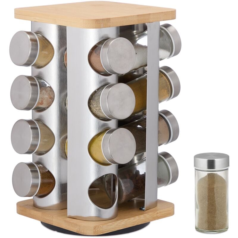 foto del prodotto relaxdays portaspezie da cucina, 16 barattoli per spezie, girevole, 28x20x20 cm, acciaio, vetro, bamb naturale, argento