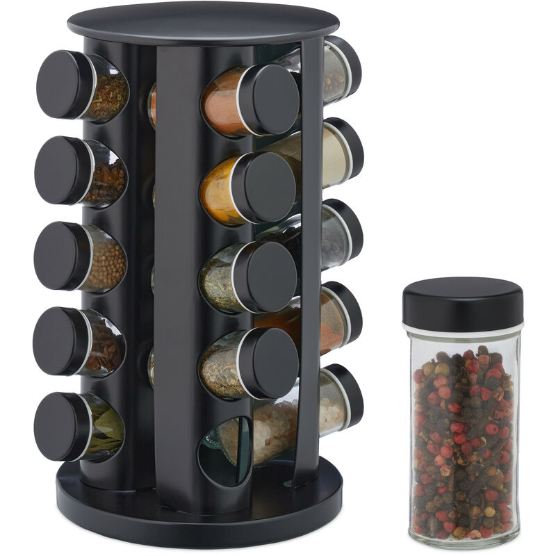 foto del prodotto relaxdays portaspezie da cucina, 20 barattoli di vetro, girevole a 360 , riempibile, hd 33,5x19 cm, acciaio inox, nero