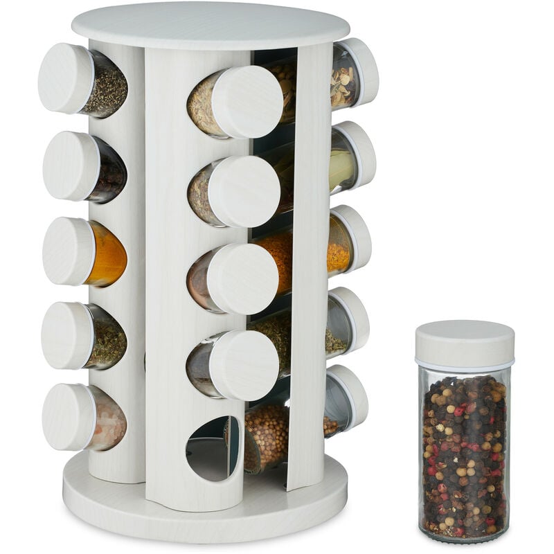 foto del prodotto relaxdays portaspezie da cucina, 20 barattoli, fori spargispezie, girevole a 360 , hxd 33,5x19cm, effetto legno, bianco