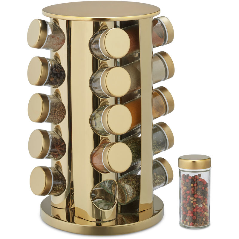 foto del prodotto relaxdays portaspezie da cucina, con 20 barattoli, girevole a 360°, riempibile, hlp: 33,5x23x23 cm, acciaio inox, dorato