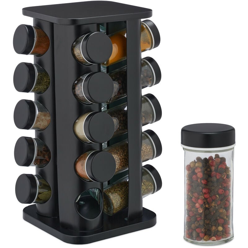 foto del prodotto relaxdays portaspezie da cucina girevole, 20 barattoli, organizer rotante a 360 , hlp 33,5x20x20 cm, acciaio inox, nero