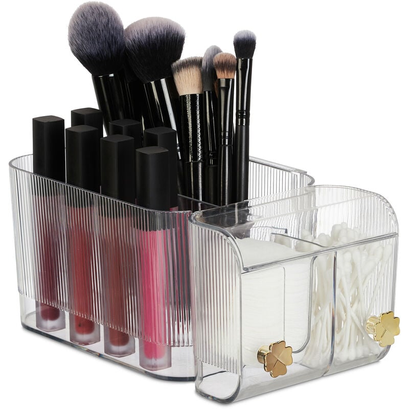 foto del prodotto relaxdays portatrucchi, organizer da parete con 4 scomparti e 2 gancetti, contenitore make up, plastica, trasparente
