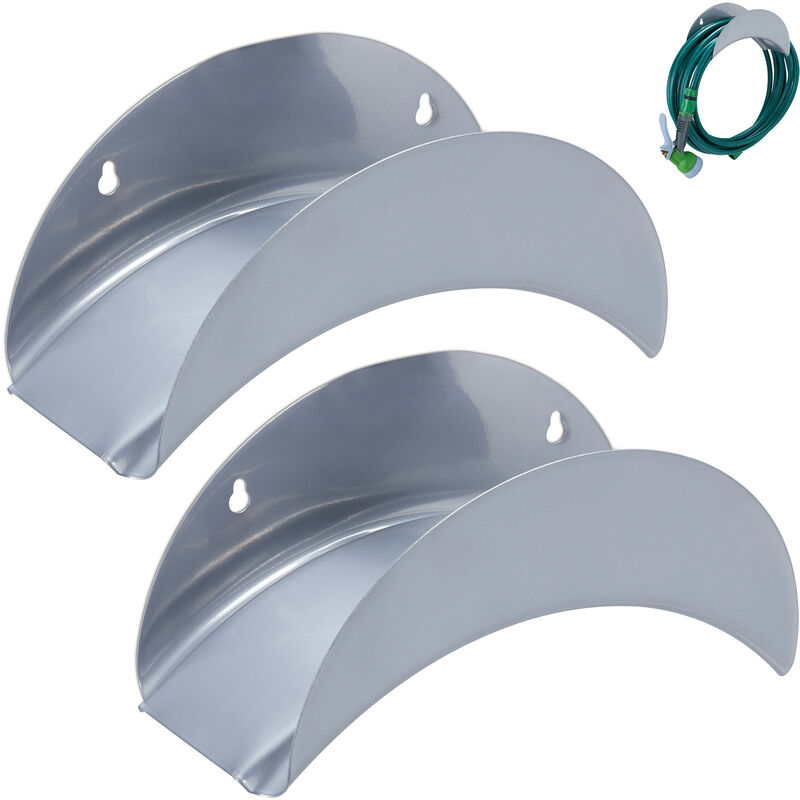 foto del prodotto relaxdays portatubo da parete, set 2 supporti per tubi giardino 30 m e 1 2 , sostegni in metallo per pompa acqua, grigio