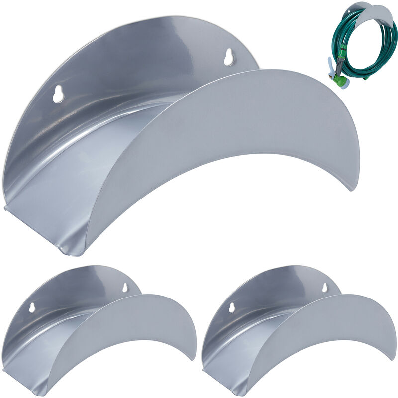 foto del prodotto relaxdays portatubo da parete, set 3 supporti per tubi giardino 30 m e 1 2 , sostegni in metallo per pompa acqua, grigio