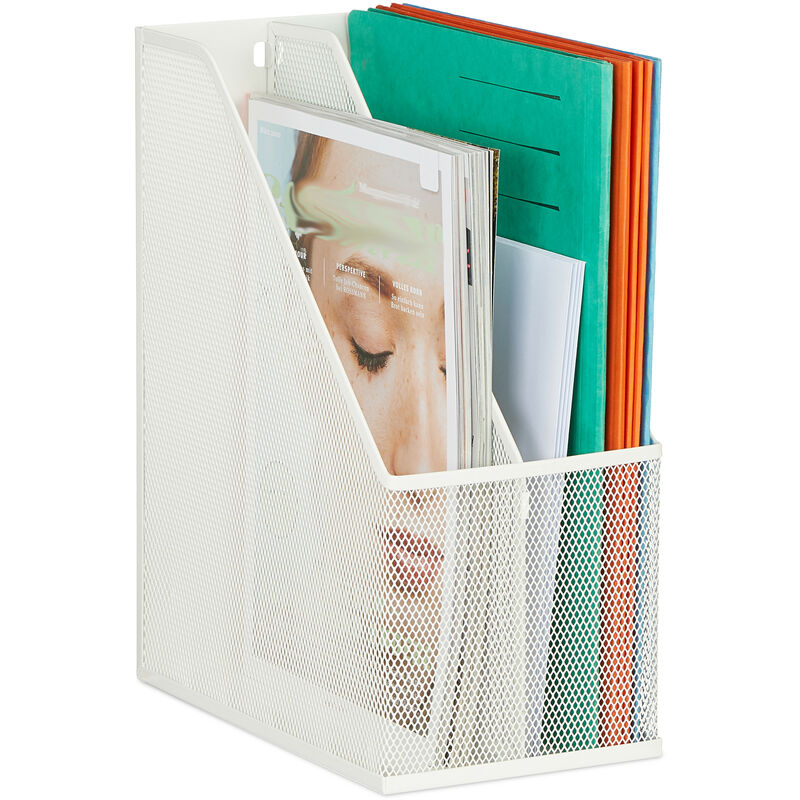 foto del prodotto relaxdays raccoglitore da scrivania, portadocumenti in acciaio, documenti a4, hlp 31,5x14,5x25 cm, 2 scomparti, bianco