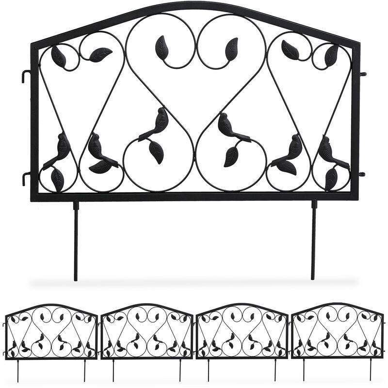 foto del prodotto relaxdays recinzione da giardino, set 4 pareti per sentieri, bordure per aiuole ferro design a foglie, 33x225 cm, nero