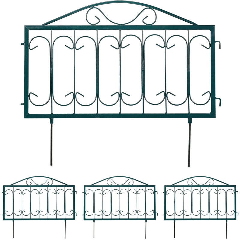 foto del prodotto relaxdays recinzione per aiuole, set 4 pannelli per cortile e giardino, bordure vintage, ferro, hl 46x57 cm, verde scuro