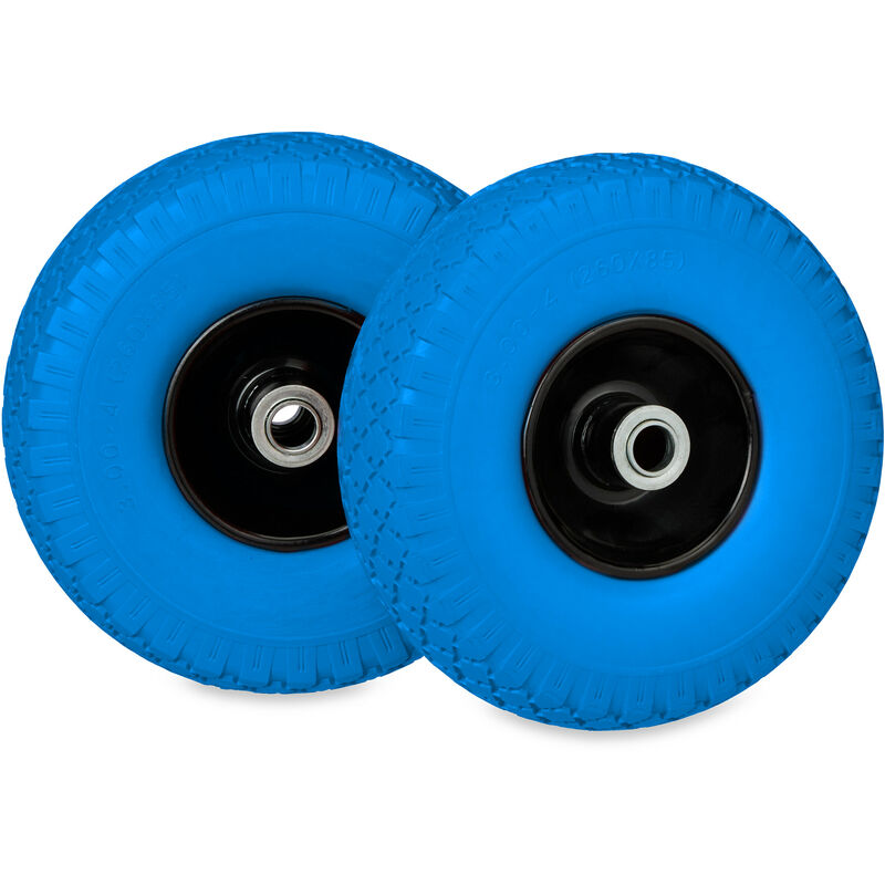 foto del prodotto relaxdays ruota per carrello 3.00 4, set da 2, gomma piena, cerchione in acciaio, antiforatura fino a 100 kg, nero blu
