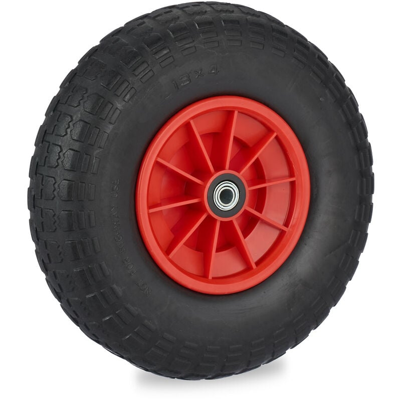 foto del prodotto relaxdays ruota per carriola 4.00-6, gomma piena antiforatura, cerchione plastica, ruotino scorta, 100 kg, nero rosso