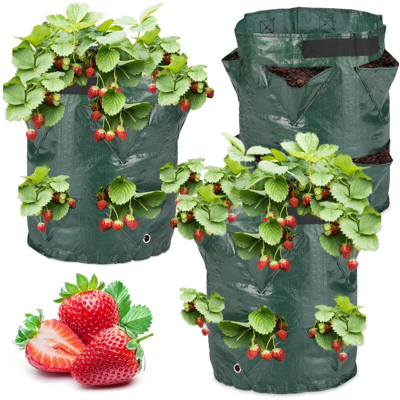 foto del prodotto relaxdays sacco per fragole, set da 3, coltivazione di piante, con fori sul fondo, 2 manici, hxd 44x33 cm, verde scuro