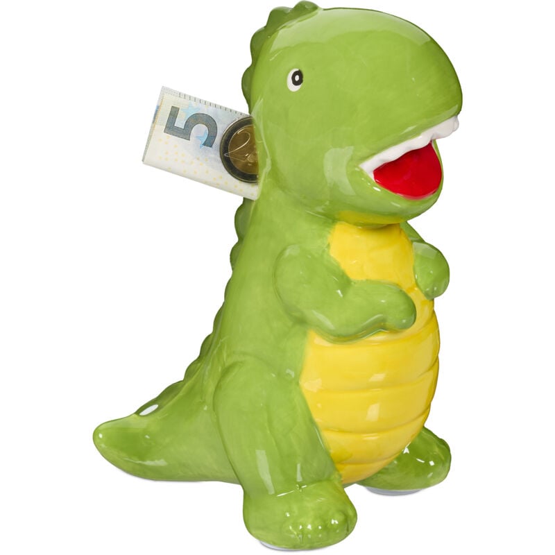 foto del prodotto relaxdays salvadanaio dinosauro, contenitore salva danaro, regalo casa, risparmi monete, 19x10x15,5 cm, ceramica, verde