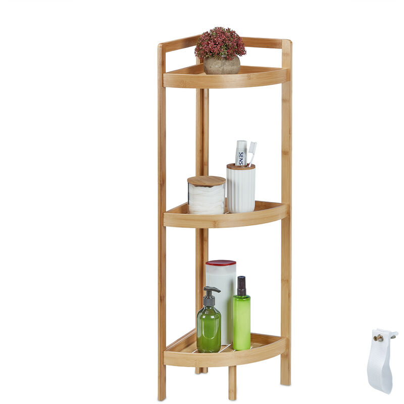 foto del prodotto relaxdays scaffale angolare in bamb , 3 ripiani, per bagno e cucina, hlp 90x36,5x26 cm, salvaspazio, organizer, naturale