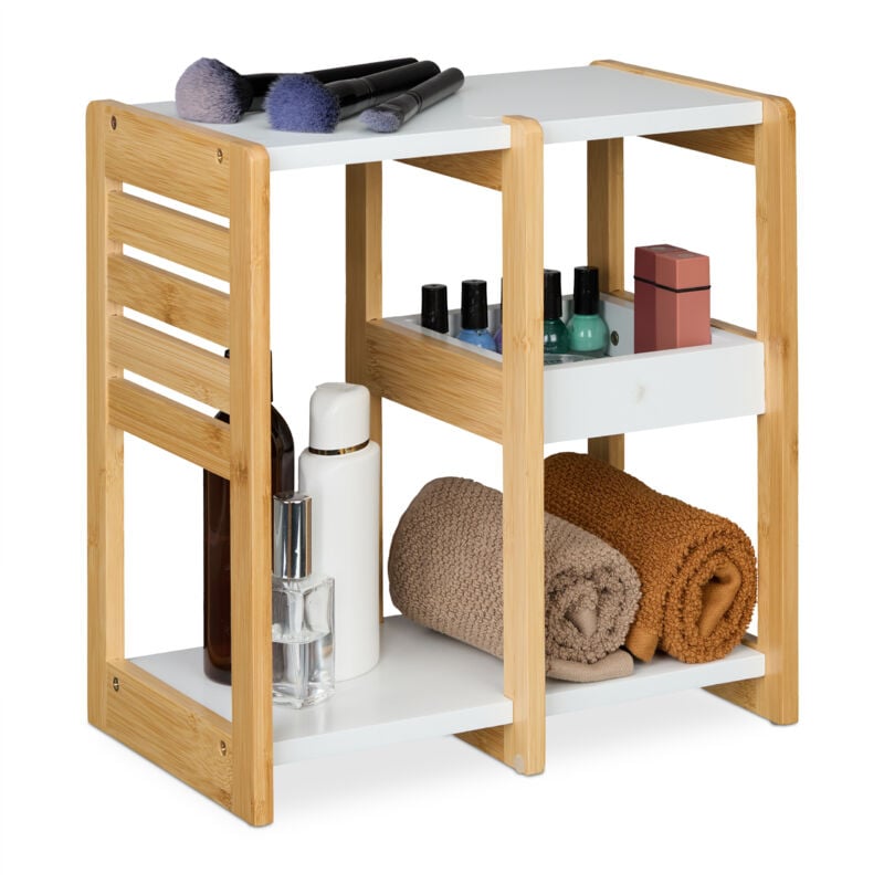 foto del prodotto relaxdays scaffale bagno e cucina salvaspazio, mensola con 3 ripiani portaoggetti, 35x34x20cm, mdf e bamb , naturale