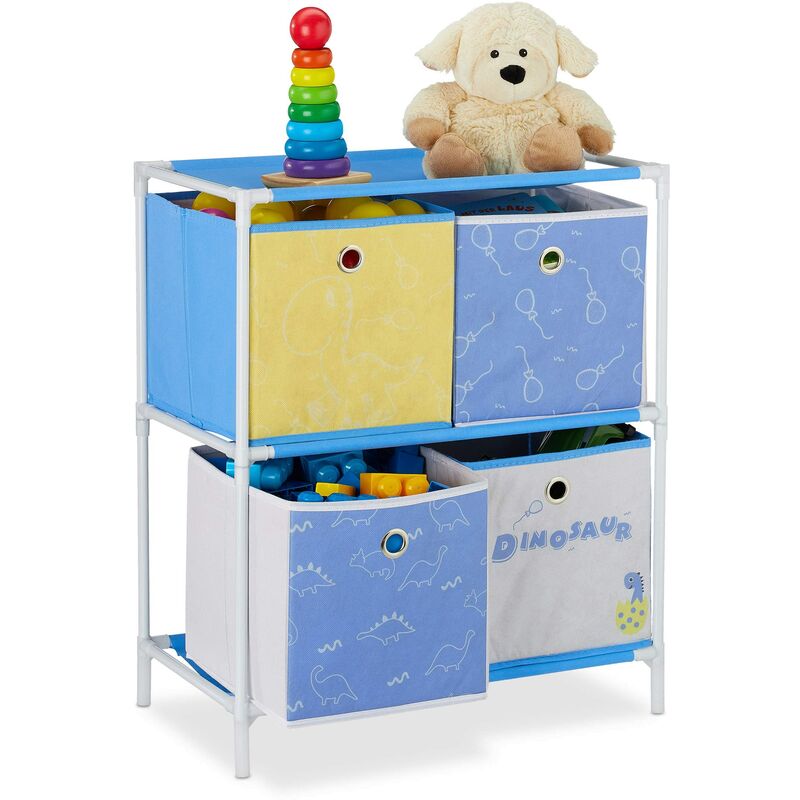 foto del prodotto relaxdays scaffale con 4 scatole, per bambini bambine, design dinosauro armadio cameretta hxbxt 62x53x30 cm, colorato, vello, ferro, plastica,