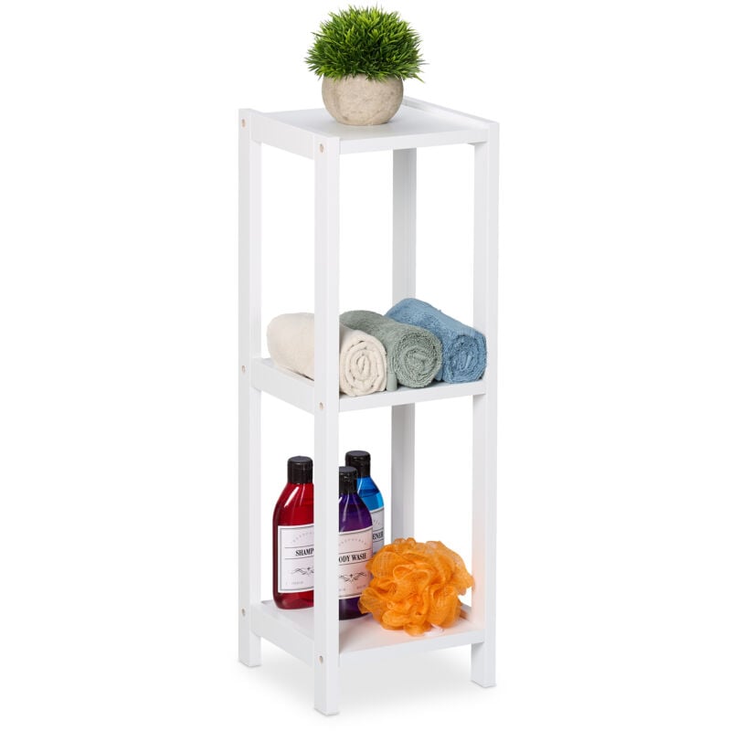 foto del prodotto relaxdays scaffale da bagno, mobiletto salvaspazio in mdf, mobile stretto a colonna 3 ripiani, hlp 65x22x22 cm, bianco