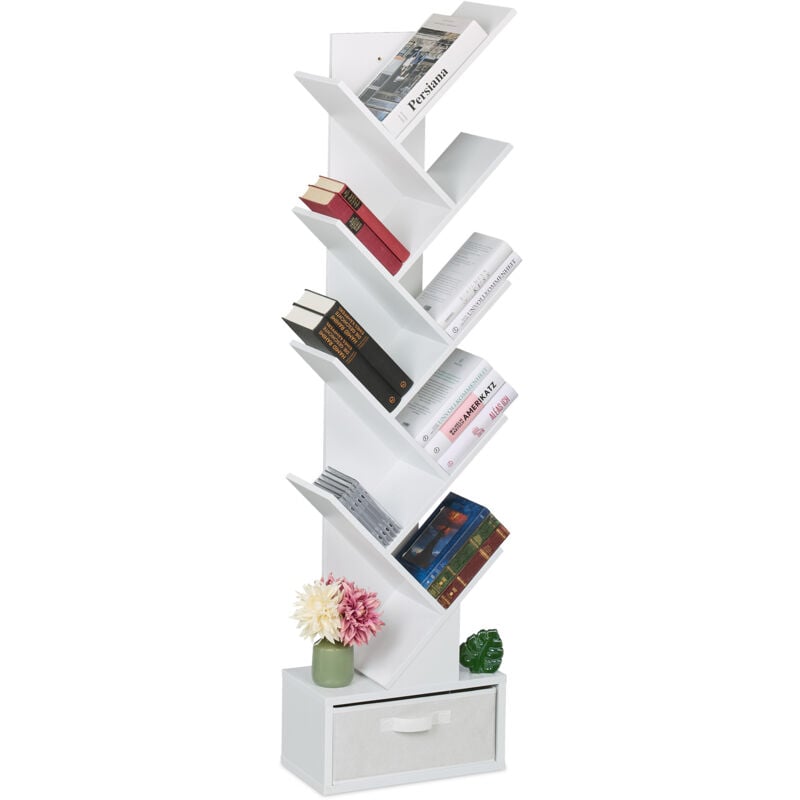 foto del prodotto relaxdays scaffale libreria, mobile stretto da terra con 9 ripiani ad albero per libri, cd e dvd, 146x38x22 cm, bianco
