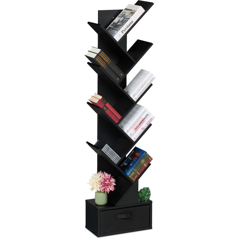 foto del prodotto relaxdays scaffale libreria, mobile stretto da terra con 9 ripiani ad albero per libri, cd e dvd, 146x38x22 cm, nero