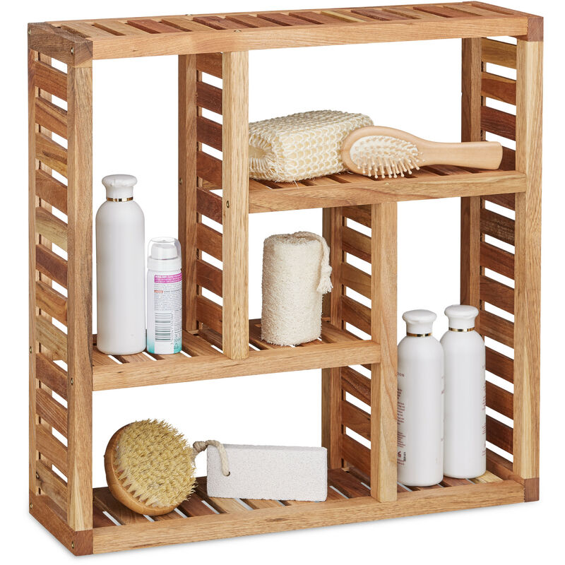 foto del prodotto relaxdays scaffale pensile da parete, da bagno, 5 ripiani, in legno, hxlxp 50x15x15 cm, mensola cucina, marrone chiaro