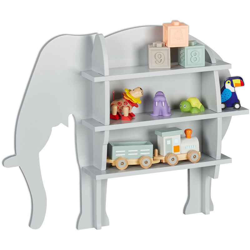 foto del prodotto relaxdays scaffale per bambini, libreria design elefante, mobile da parete con 2 scomparti, hlp 50x63,5x10 cm, grigio