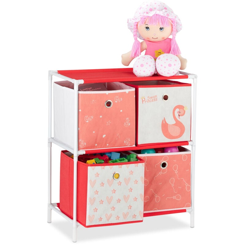foto del prodotto relaxdays scaffale per giocattoli con 4 scatole, per bambini bambine design swan princess hbt 62x53x30 cm, bianco rosso