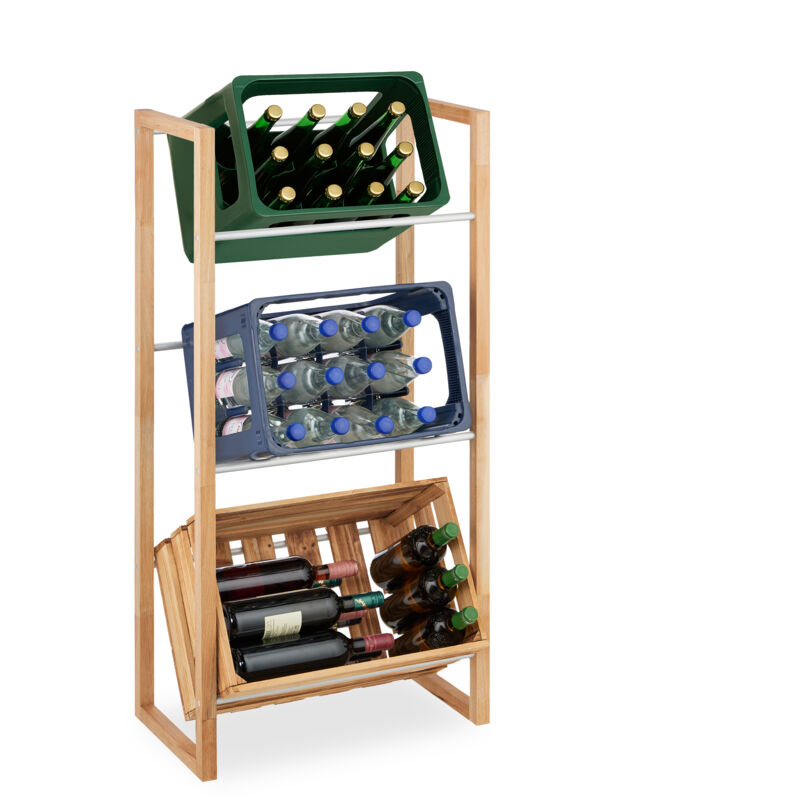 foto del prodotto relaxdays scaffale porta casse acqua, 112x58x32 cm, scaffalatura 3 cassette bevande, legno naturale e ferro, argentato