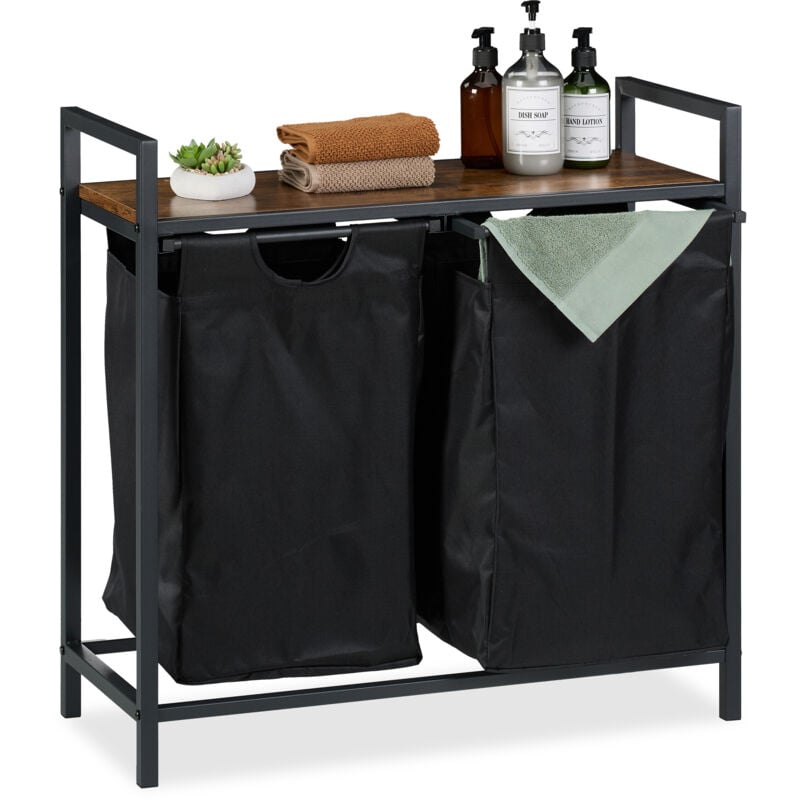 foto del prodotto relaxdays scaffale portabiancheria, hlp 72x73x33 cm, 2 cesti porta biancheria sporca, sacchi estraibili, nero marrone