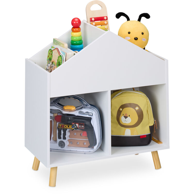 foto del prodotto relaxdays scaffale portagiochi bambini, libreria casetta a 6 scomparti porta libri e giocattoli, hlp 67x60x30 cm, bianco