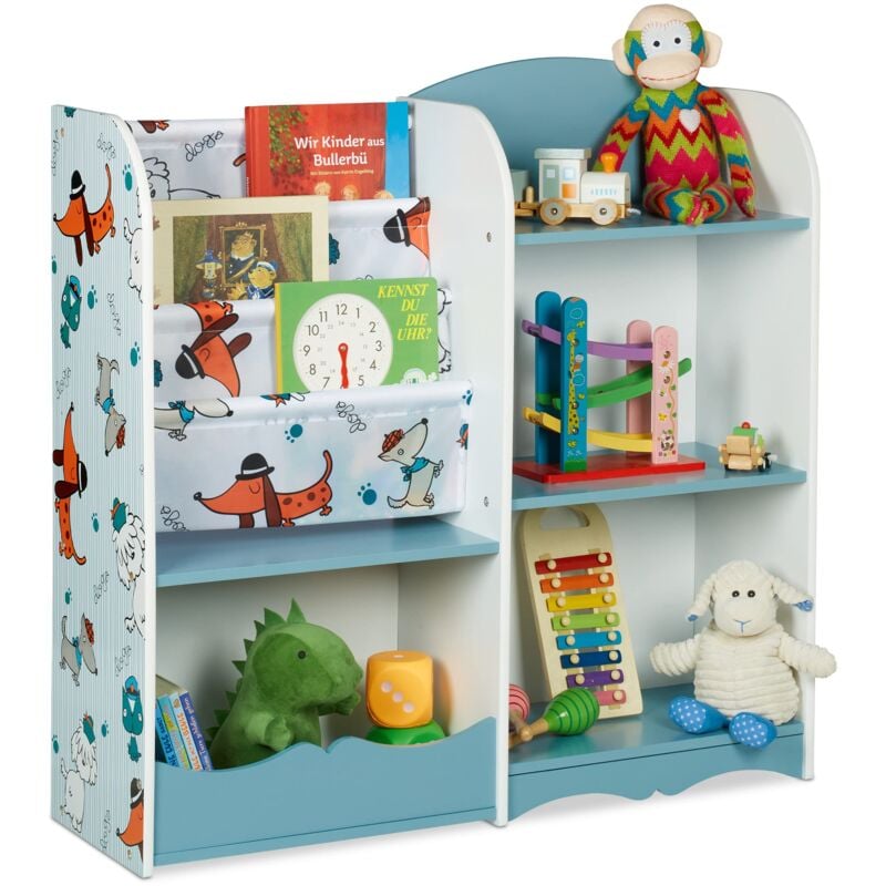 foto del prodotto relaxdays scaffale portagiochi con cagnolini, cameretta dei bambini, libreria a ripiani, hxlxp 84x86x26 cm, multicolore, poliestere