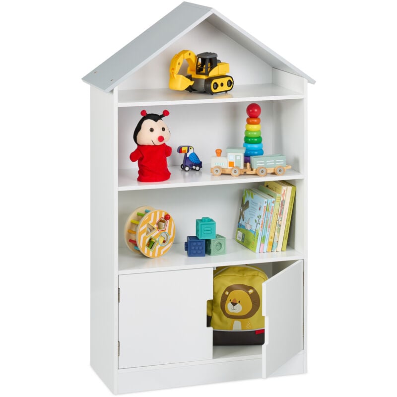 foto del prodotto relaxdays scaffale portagiochi, libreria 4 scomparti in mdf, porta libri e giocattoli, hlp 115x68x28 cm, bianco grigio