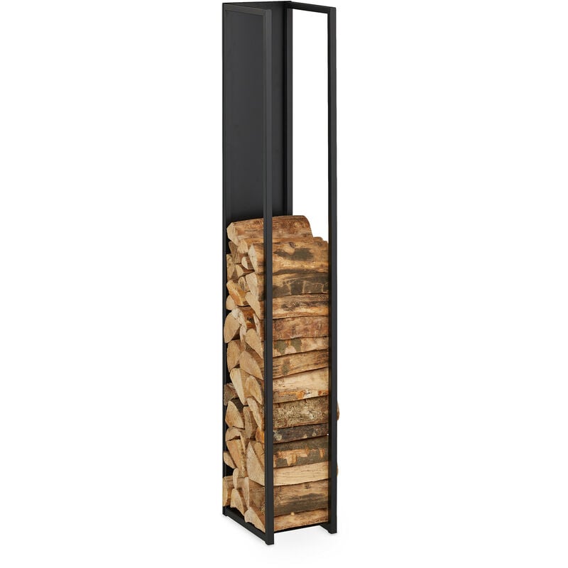 foto del prodotto relaxdays scaffale portalegna da interno in acciaio, per ceppi da camino, hlp 157x23,5x30 cm, porta legna ardere, nero