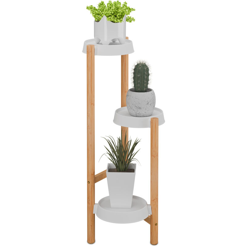 foto del prodotto relaxdays scaffale portapiante con 3 ripiani in plastica, scala portafiori, supporto vasi, 78x28x34 cm, bamb , naturale
