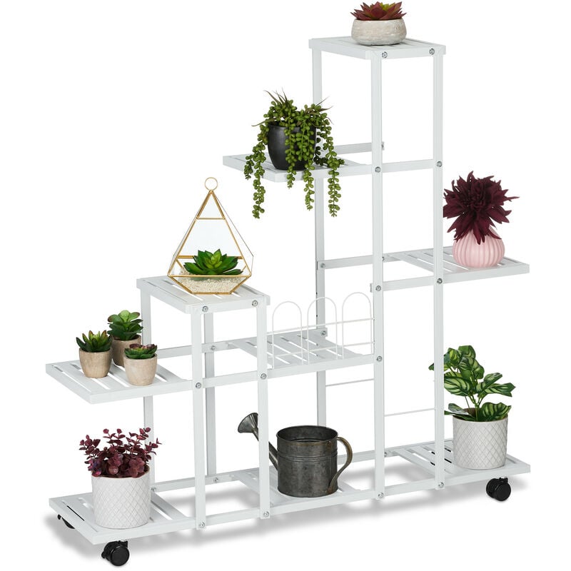 foto del prodotto relaxdays scaffale portapiante con rotelle, 91,5 x 93 x 26 cm, a 9 ripiani, in acciaio, portafiori e portavasi, bianco