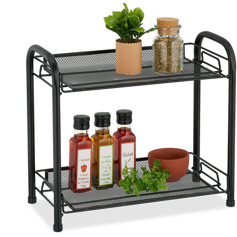 foto del prodotto relaxdays scaffale portaspezie a 2 ripiani, organizer da tavolo cucina o mensola bagno per make up, in metallo, nero