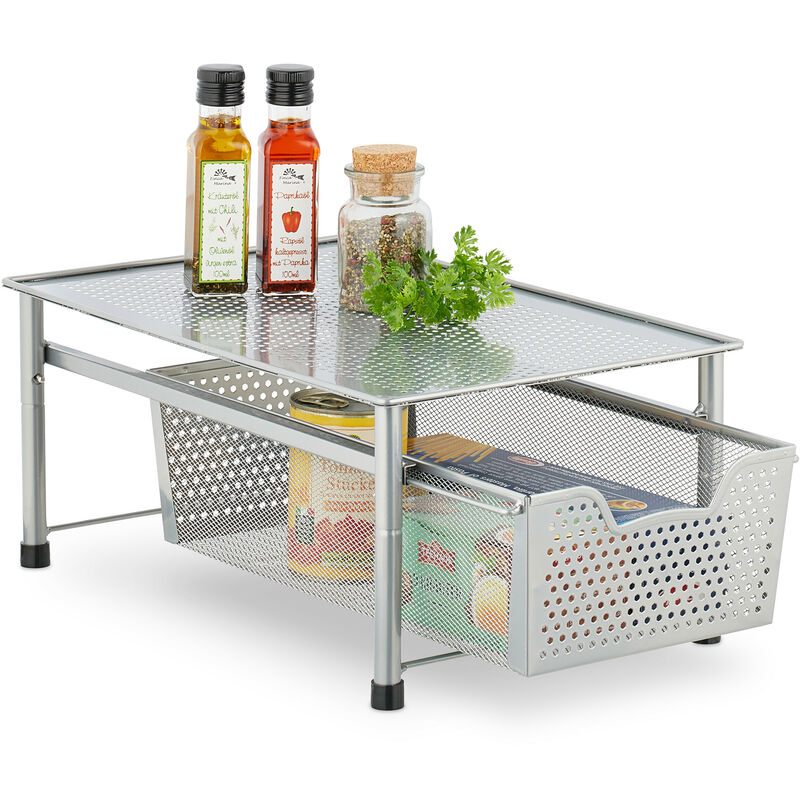 foto del prodotto relaxdays scaffale portaspezie con cassetto, organizer da tavolo da cucina o scrivania ufficio, 19x28x42,5 cm, argentato