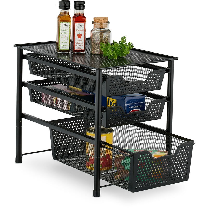 foto del prodotto relaxdays scaffale portaspezie con cassetto, organizer da tavolo da cucina o scrivania ufficio, hlp 35x28x42,5 cm, nero