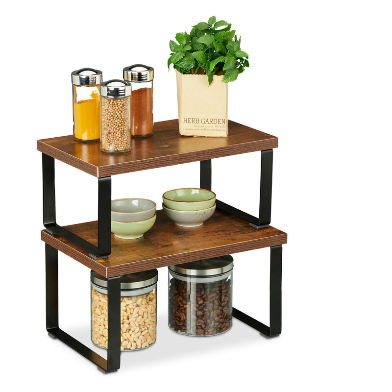 foto del prodotto relaxdays scaffale portaspezie, set 2 alzatine organizer da cucina, ripiani salvaspazio, mobili impilabili, marrone nero