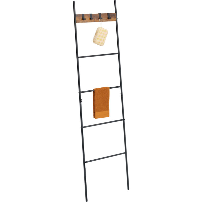 foto del prodotto relaxdays scala porta asciugamani bagno, scaletta a 4 pioli portasciugamani e ganci, acciaio, 160,5x44 cm, nero marrone