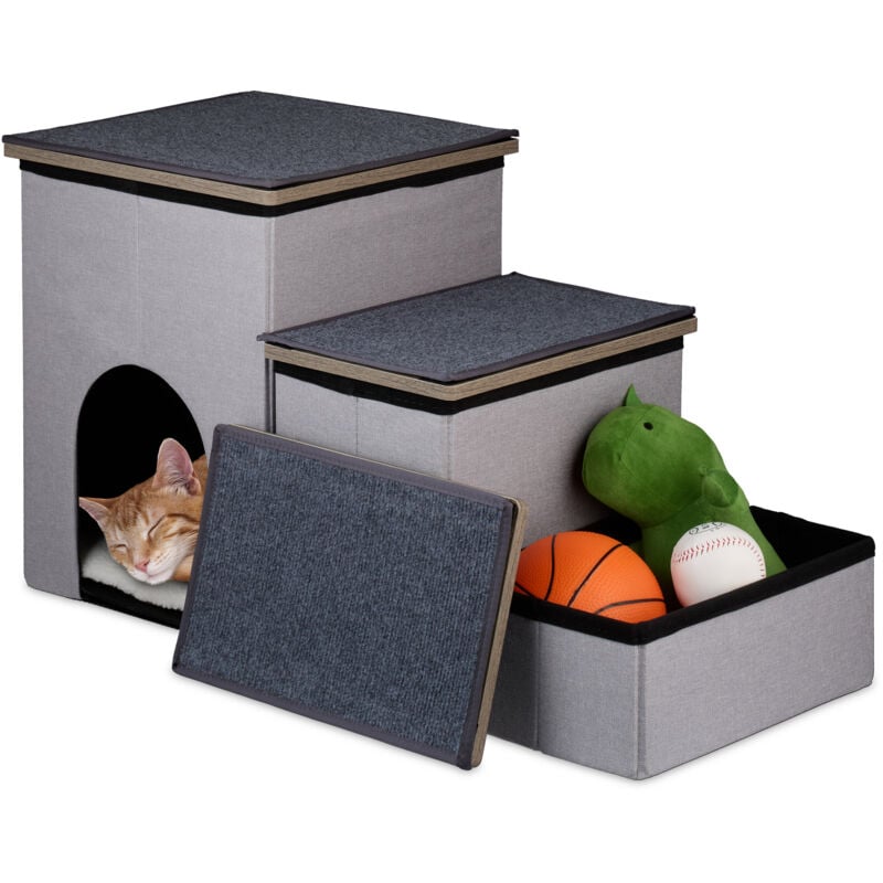 foto del prodotto relaxdays scaletta a 3 gradini con cuccia per cani e gatti, scala per letto e divano, con box, hlp 41,5x72x33 cm, grigio