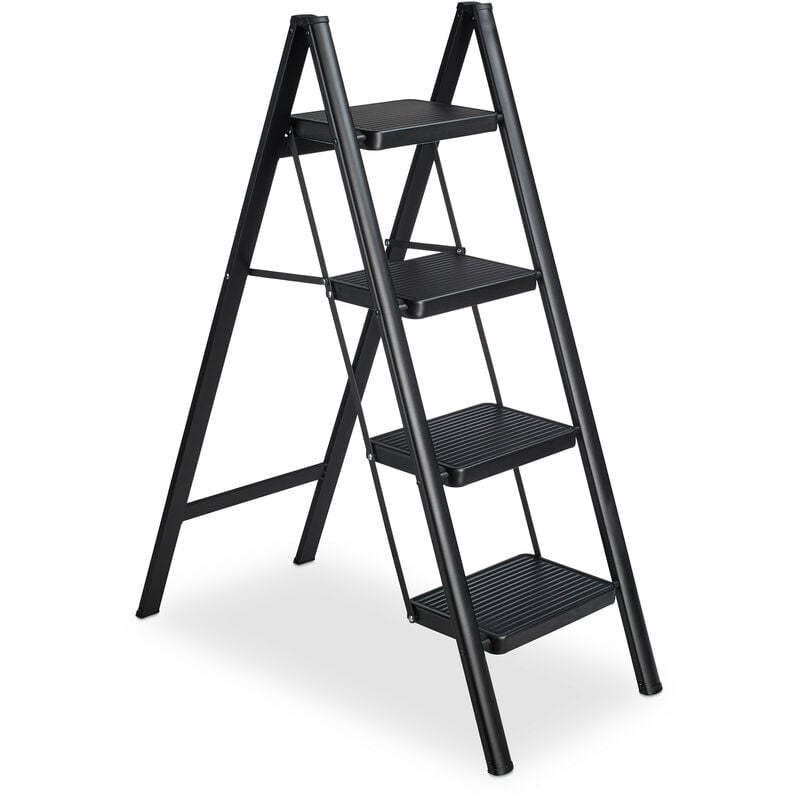foto del prodotto relaxdays scaletta pieghevole, scala in acciaio leggero, step ladder carico 120kg, rialzo a 4 gradini, 109x42x84cm, nero
