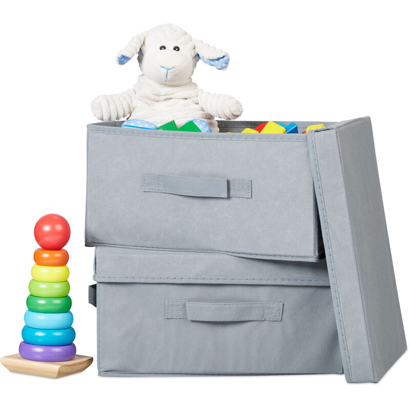 foto del prodotto relaxdays scatola da scaffale libreria, 2 box pieghevoli con coperchio, hlp 17x23x33 cm, porta giochi, tessuto, grigio