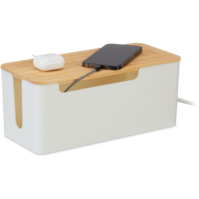 foto del prodotto relaxdays scatola porta cavida scrivania, nascondicavi e 2 prese, cable box 13x31x14cm, coperchio bamb , naturale bianco