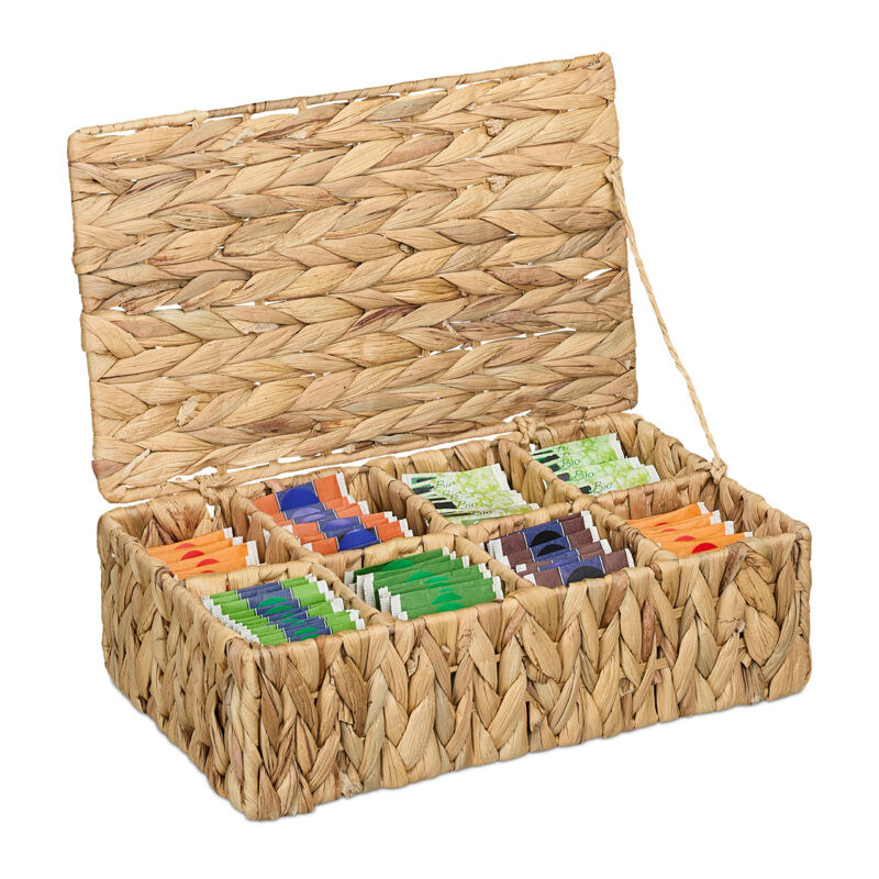 foto del prodotto relaxdays scatola porta t , 8 scomparti 110 bustine tisane, tea box coperchio, 10x33x20,5 cm, giacinto acqua, naturale