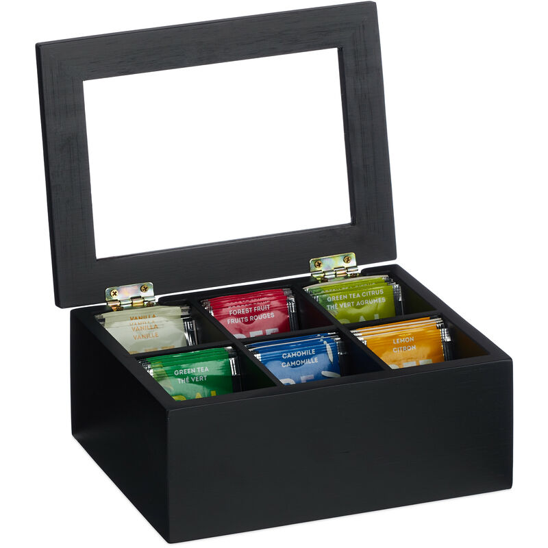 foto del prodotto relaxdays scatola porta t e tisane, 6 scomparti per capsule caff , cofanetto con coperchio, 9x21,5x16 cm, bamb , nero
