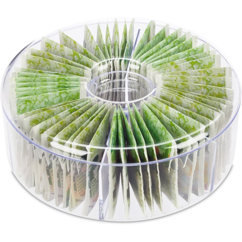 foto del prodotto relaxdays scatola porta t e tisane, per 72 bustine, rotondo con coperchio, salvaspazio, hxd 7,5 x 20 cm, trasparente
