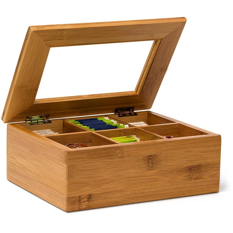 foto del prodotto relaxdays scatola porta t , tisante, in legno bamb , 6 scomparti, coperchio trasparente, salva aroma, colore naturale
