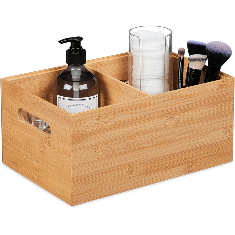 foto del prodotto relaxdays scatola portaoggetti, bamb , oganizer portatutto, box, 2 scomparti, manici, impilabile, 14x30x20 cm, naturale