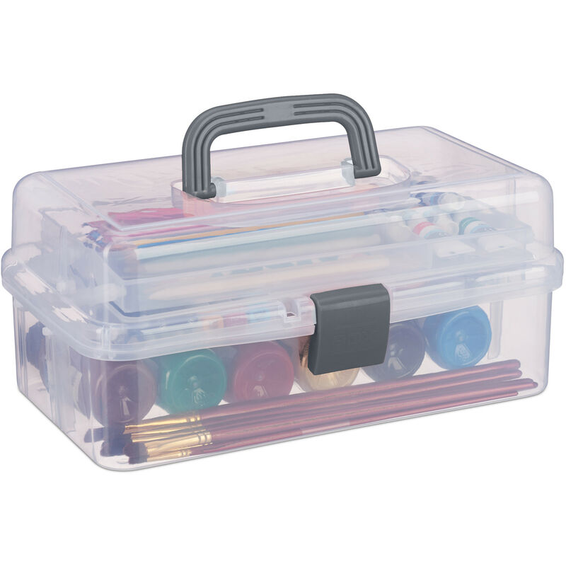 foto del prodotto relaxdays scatola trasparente plastica, 9 scomparti per oggetti, maniglia e chiusura a scatto, hlp 14,5x33x19 cm, grigio