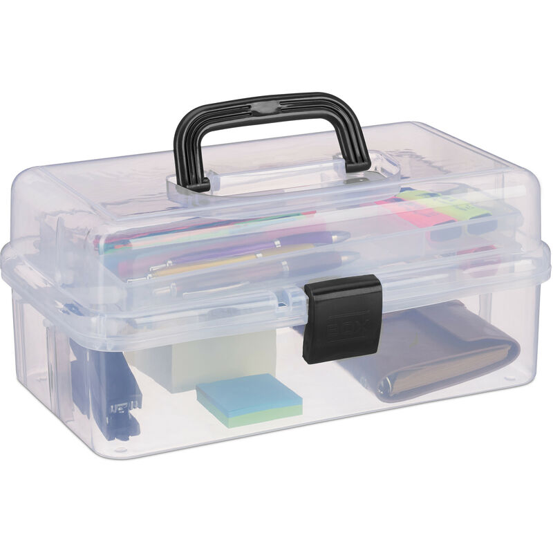 foto del prodotto relaxdays scatola trasparente plastica, 9 scomparti per oggetti, maniglia e chiusura a scatto, hlp 14,5x33x19 cm, nero